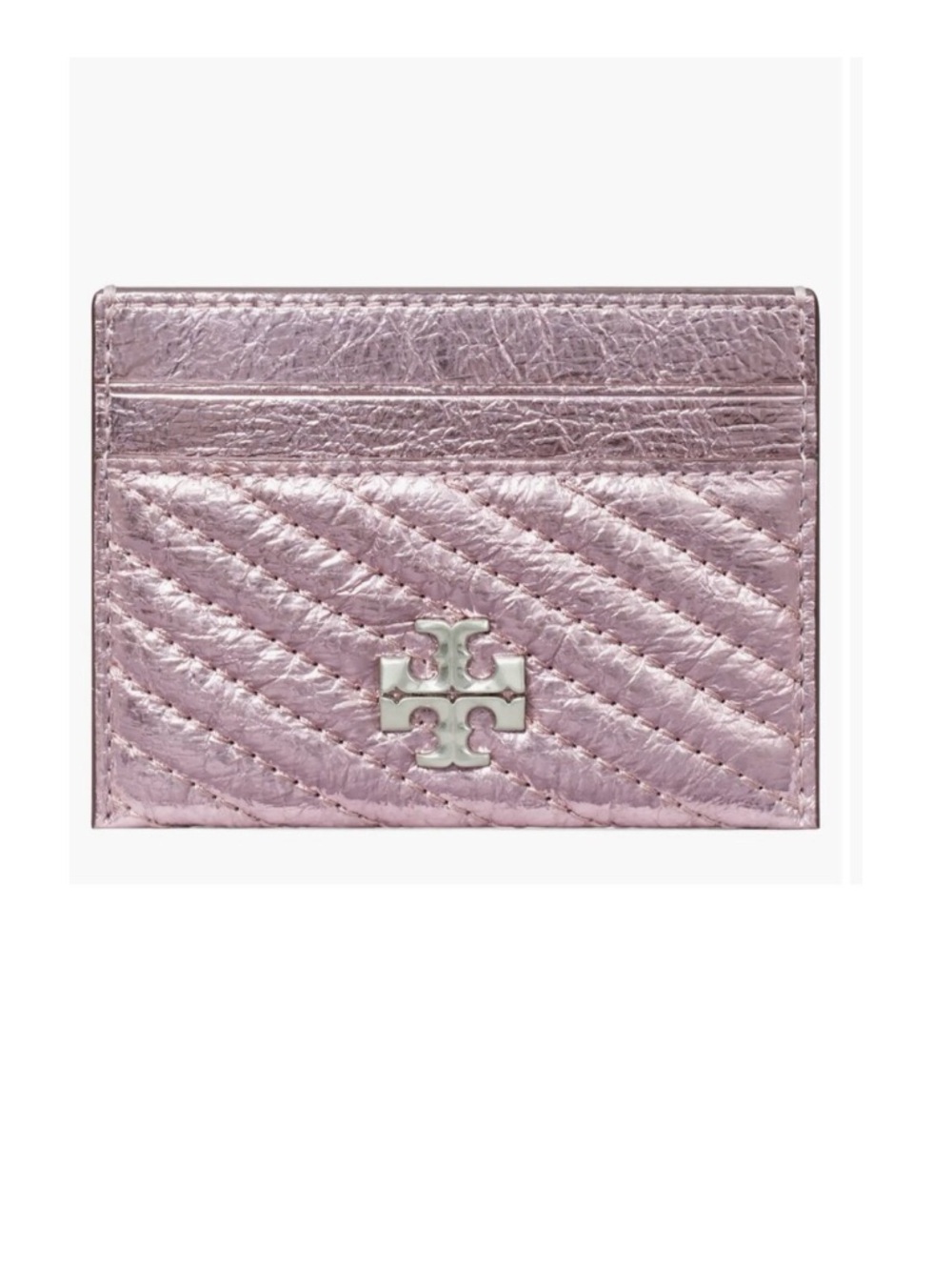 Tory Burch Leather Kira Moto Quilt Metallic Pave Logo Card Case Sparkle Pink